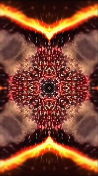 Perfect symmetrical kaleidoscopic design with radiant golden light beams, smoky clouds and intricate glowing patterns converging at central point.