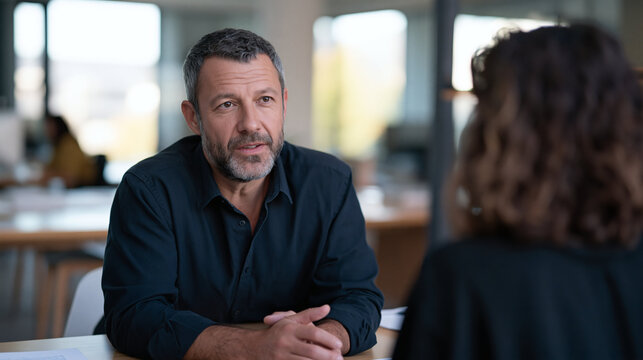 Serious Discussion: A middle-aged man with a thoughtful expression engages in a deep conversation with an unseen person, seated at a table in a modern office setting.