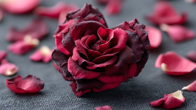 Close-up of a romantic heart-shaped rose set against dark fabric with scattered rose petals around it, perfect for love-themed designs and moments of affection.