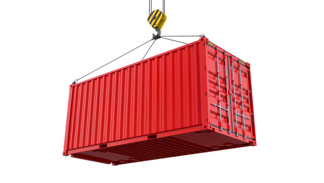 Red shipping container being lifted by a crane hook, isolated on transparent background