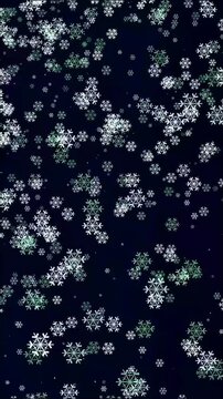 Translucent glowing snowflakes in cool white and pale green tones float softly against deep midnight blue backdrop.