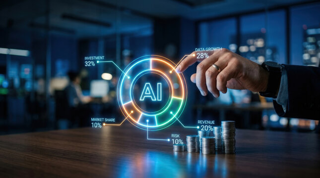 Investor analyzing artificial intelligence circular graph with key performance metrics and coin stacks for smart capital allocation.