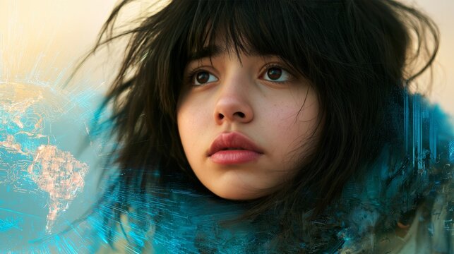 Close up portrait of a young woman with dark tousled hair and reflective blue texture surrounding her face in an atmospheric artistic digital composition