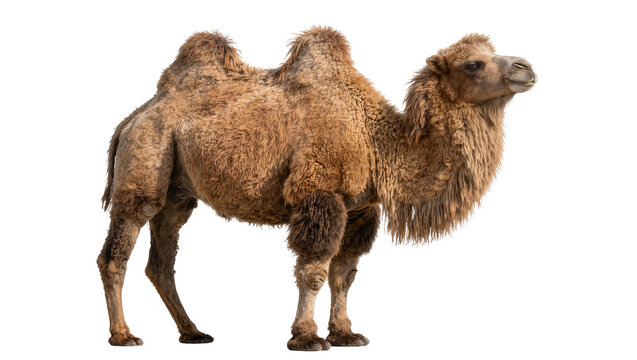 Brown dromedary camel with shaggy fur standing profile, isolated on transparent background