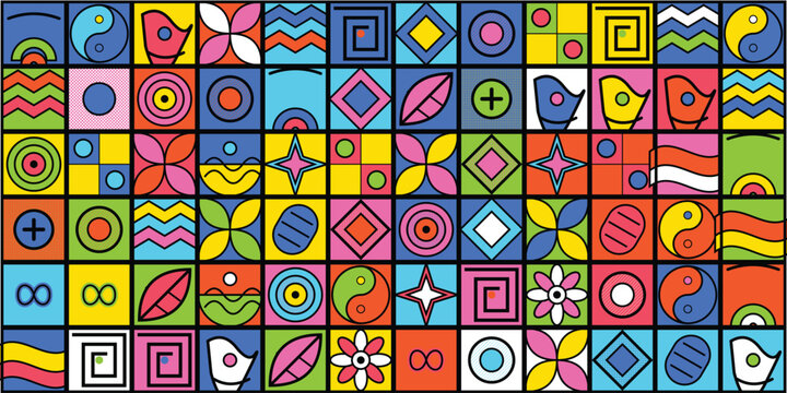 abstract geometric vector pattern collection arranged tightly in a wide horizontal composition on a solid black background