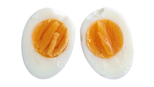 Two halves of a hard-boiled egg showing white albumen and orange yolk, isolated on transparent background