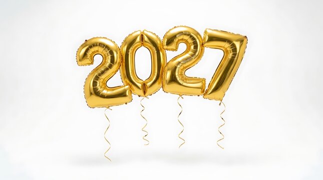 Floating gold foil 2027 balloons against a clean white background