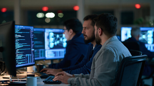 Tech Wizards at Work: Three focused individuals are intently working on their computers, lines of code displayed on the monitors, in a dimly lit office setting at night.