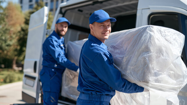 Movers with Furniture: Two uniformed movers in blue shirts and caps carefully carry a large piece of furniture wrapped in plastic from the back of a white van.
