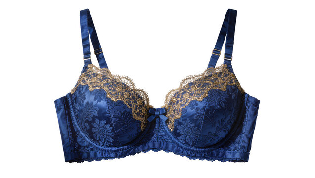 Elegant blue satin bra with gold lace trim and floral pattern, isolated on transparent background