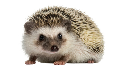Small African pygmy hedgehog with spiky quills, isolated on transparent background © Maria