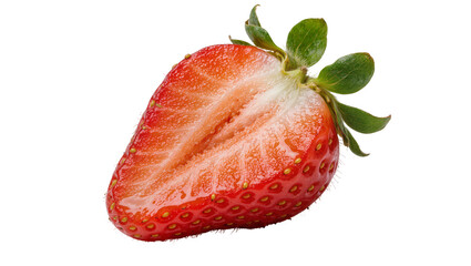 Juicy red strawberry half with visible seeds and green leaves, isolated on transparent background © Maria