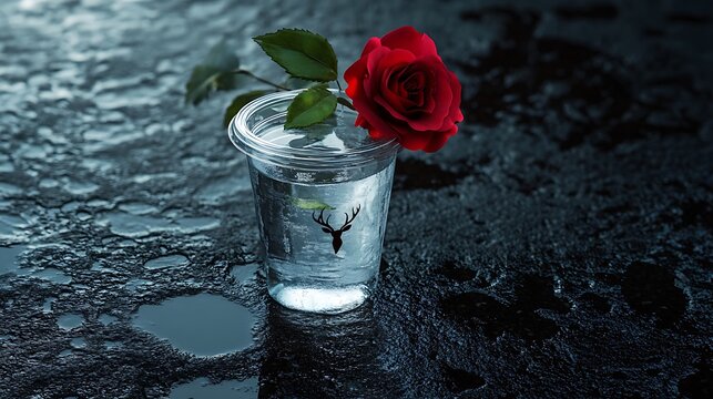 Red Rose Resting on Plastic Cup of Water on Dark Wet Surface