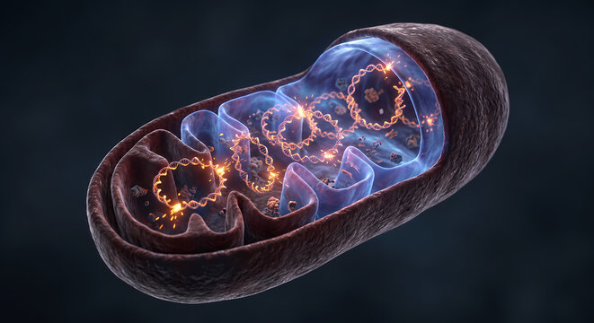 3D cross section of a mitochondrion showing cristae membranes and glowing mitochondrial DNA rings