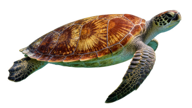 Sea turtle with patterned shell swimming, isolated on transparent background