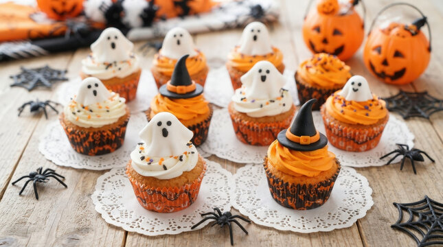 White ghost and black witch hat cupcakes with orange frosting placed on decorative paper doilies for halloween themed gathering.