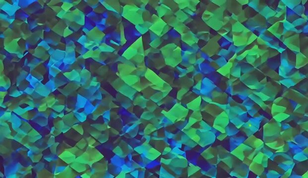 abstract geometric animation featuring a vibrant repeating pattern of interlocking triangles in electric blue, emerald green, deep violet, and luminous purple
