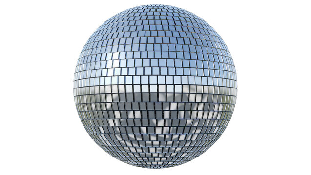 Silver disco ball with reflective mirrored squares, isolated on transparent background