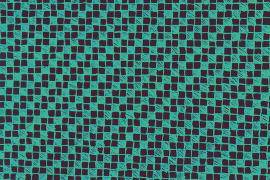 Abstract hand drawn teal green and dark purple checkered pattern grid background with crosshatch shading texture.