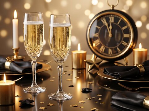Champagne flutes and a golden clock showcase a new year s eve celebration tabletop setting confetti dining event festive holiday