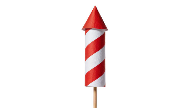 Red and white striped firework rocket on wooden stick, isolated on transparent background