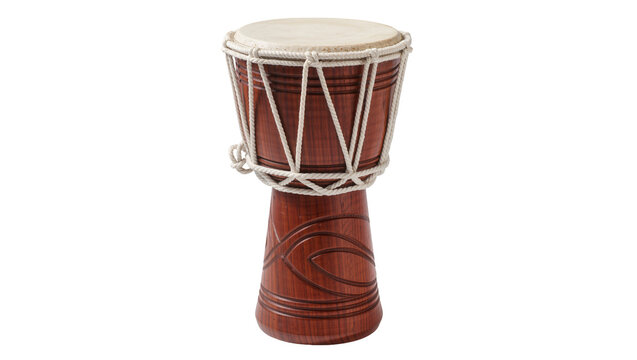 Wooden djembe drum with carved base and rope tensioning, isolated on transparent background