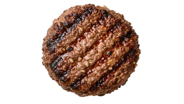 Juicy grilled beef burger patty with grill marks, isolated on transparent background