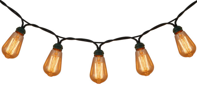 Vintage Edison bulb string lights with amber glass, isolated on transparent background