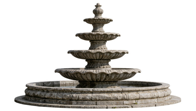 Ornate tiered stone fountain with water cascading down, isolated on transparent background