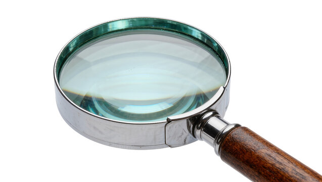 Magnifying glass with polished metal rim and wooden handle, isolated on transparent background