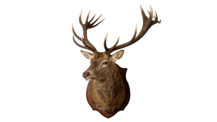 Majestic stag head trophy mounted on wooden plaque, isolated on transparent background © Maria