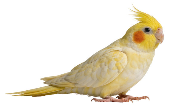 Yellow cockatiel bird with orange cheek patches, isolated on transparent background