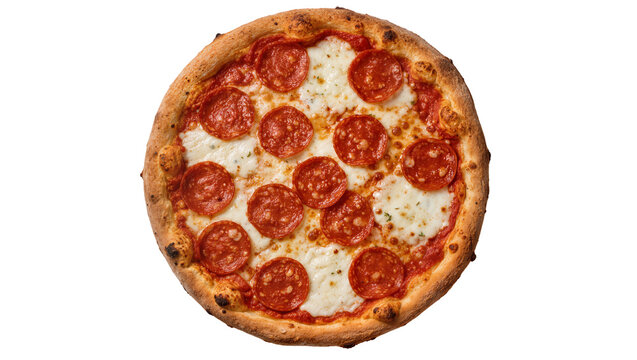 Round pepperoni pizza with melted mozzarella cheese, isolated on transparent background
