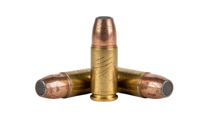 Three brass and copper bullets arranged in a triangular formation, isolated on transparent background © Maria