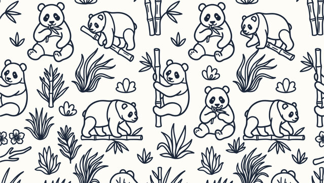 Minimalist hand-drawn panda bear seamless pattern featuring giant pandas eating and climbing bamboo stalks with forest foliage in black line art style on light background.