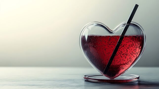 Heart-Shaped Glass Filled with Red Carbonated Drink and Straw