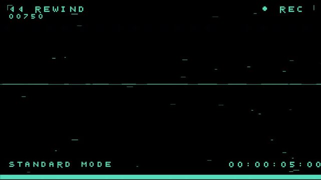 vhs rewind screen overlay with retro analog tape glitch distortion and rec display for video editing