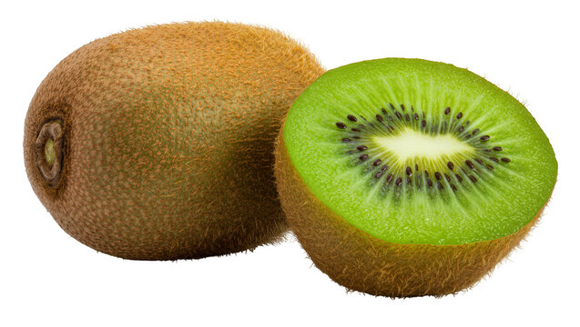Whole fuzzy brown kiwi fruit next to a vibrant green halved kiwi with black seeds, isolated on transparent background
