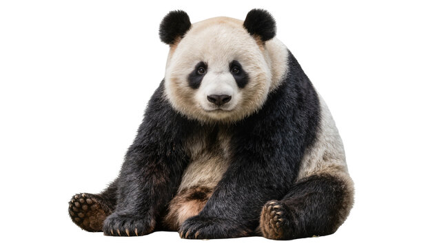 Fluffy giant panda bear sitting, isolated on transparent background