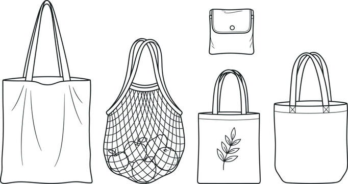 Eco Friendly Reusable Shopping Bags and Canvas Totes Line Icon Set Featuring Cotton Shopper, Mesh String Produce Bag, Foldable Pouch, and Canvas Handbag