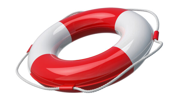Red and white lifebuoy with rope, isolated on transparent background