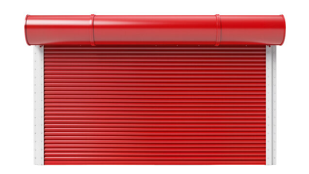 Shiny red metal security roller shutter door with white frame, isolated on transparent background