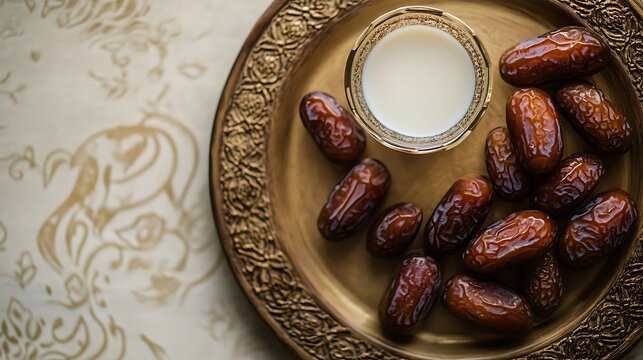 High Angle View of Fresh Dates and Glass of Milk on Ornamental Plate
