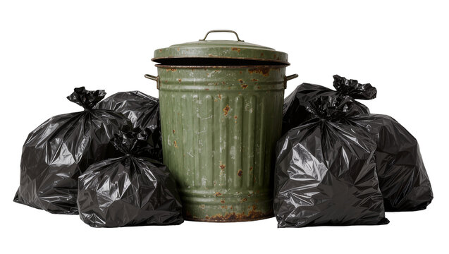 Rusted green metal trash can with overflowing black garbage bags, isolated on transparent background