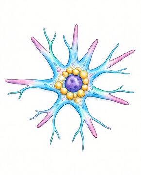 Watercolor illustration of a hepatic stellate cell with cytoplasmic lipid droplets and dendritic processes