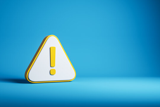 Modern exclamation mark warning symbol with empty copy space, clean contemporary design template on blue background for alert concept. 3D Rendering