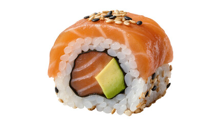 Fresh salmon avocado sushi roll with sesame seeds, isolated on transparent background © Iura