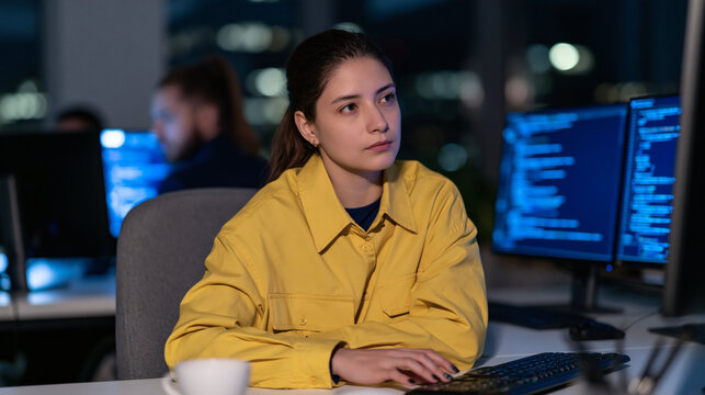 Developer working late: A focused female developer sits at her desk in a dimly lit office, illuminated by the glow of computer monitors displaying lines of code.