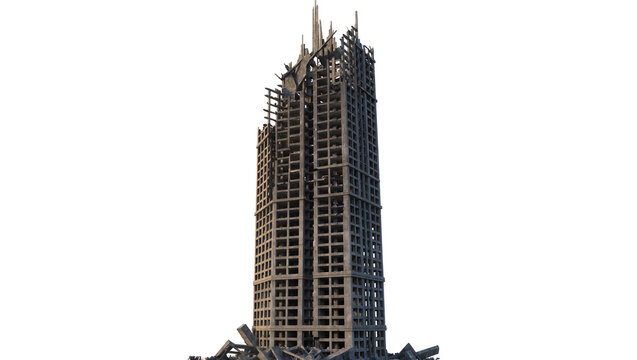 Dilapidated concrete skyscraper skeleton partially destroyed, isolated on transparent background