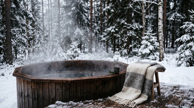 Steaming wooden hot tub in a snowy winter forest with cozy blanket